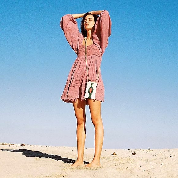 Free People Dresses & Skirts - Free People Ari Lace Crochet Tiered Peasant Mini Dress in Dried Currant